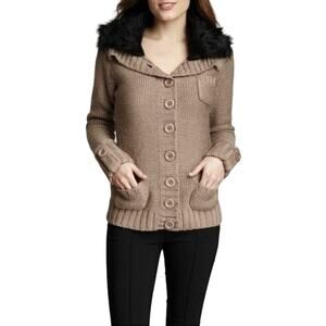 Vertigo Faux Fur Collar Wool Blend Cardigan Beige